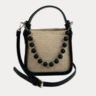 Carly Raffia Bag Black. Vegan Leather Handle and Sides, Bead Trim, and Adjustable Vegan Leather Bag Strap