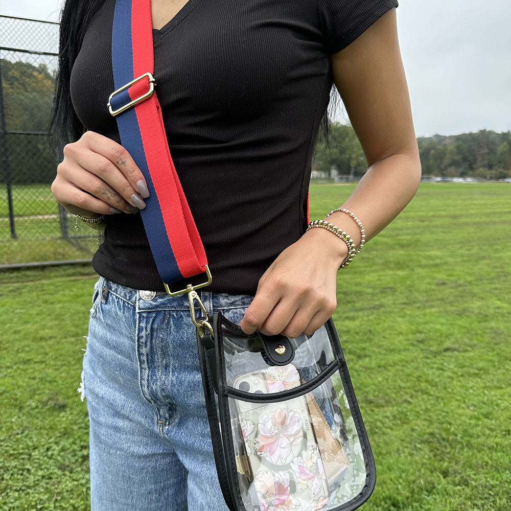 Women wearing 2" Adjustable Game Day Bag Strap and Brenna Clear Stadium Bag