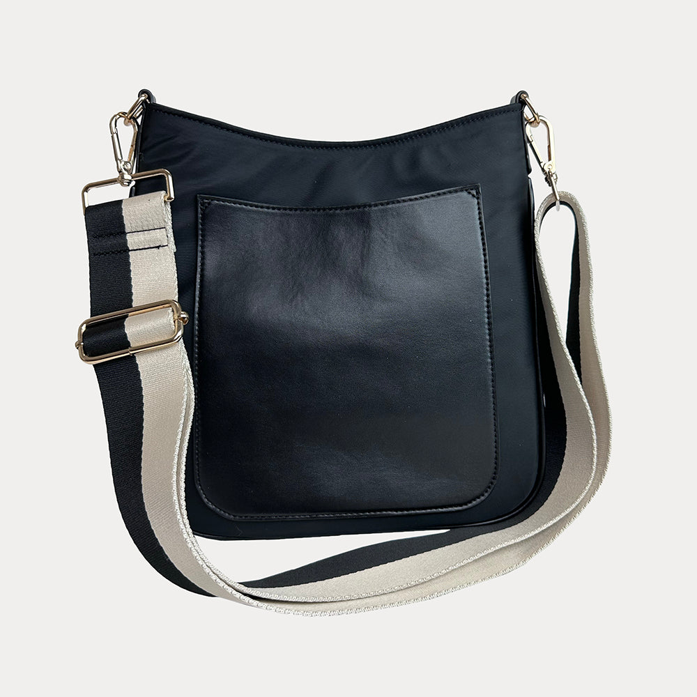 Jackie Nylon-Vegan Leather Messenger in Black with Cream-Black Striped Strap.