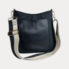 Jackie Nylon Messenger in Black. Vegan Leather Details with Black & Cream Striped Bag Strap