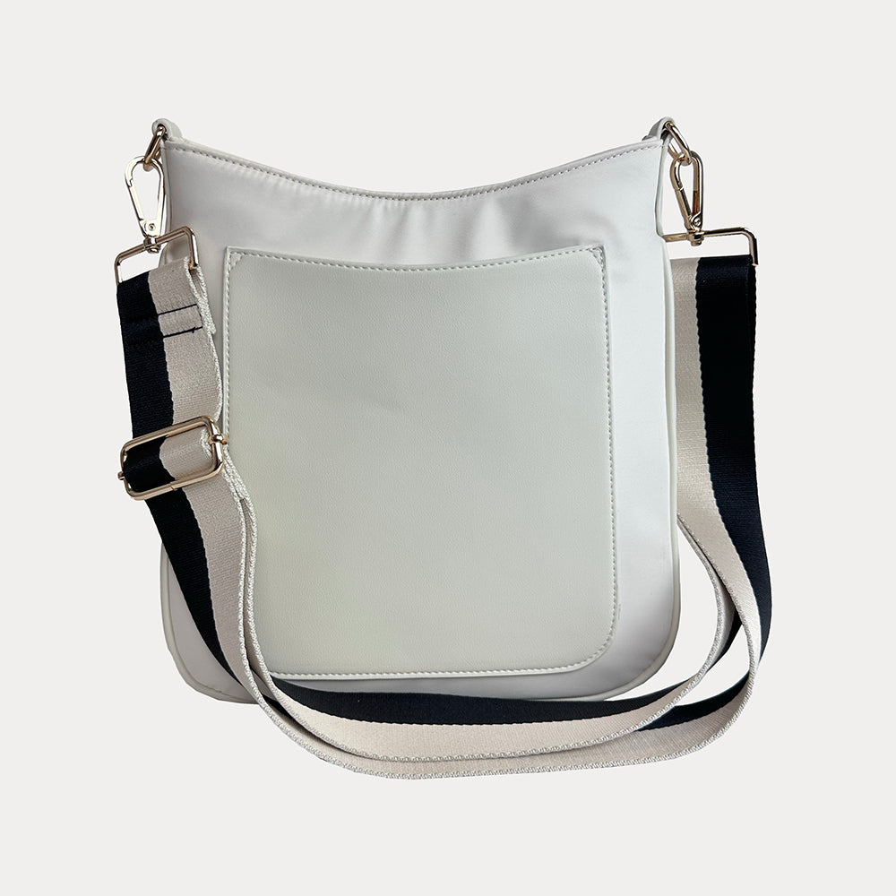 Jackie Nylon-Vegan Leather Messenger in Cream with Cream-Black Striped Strap.