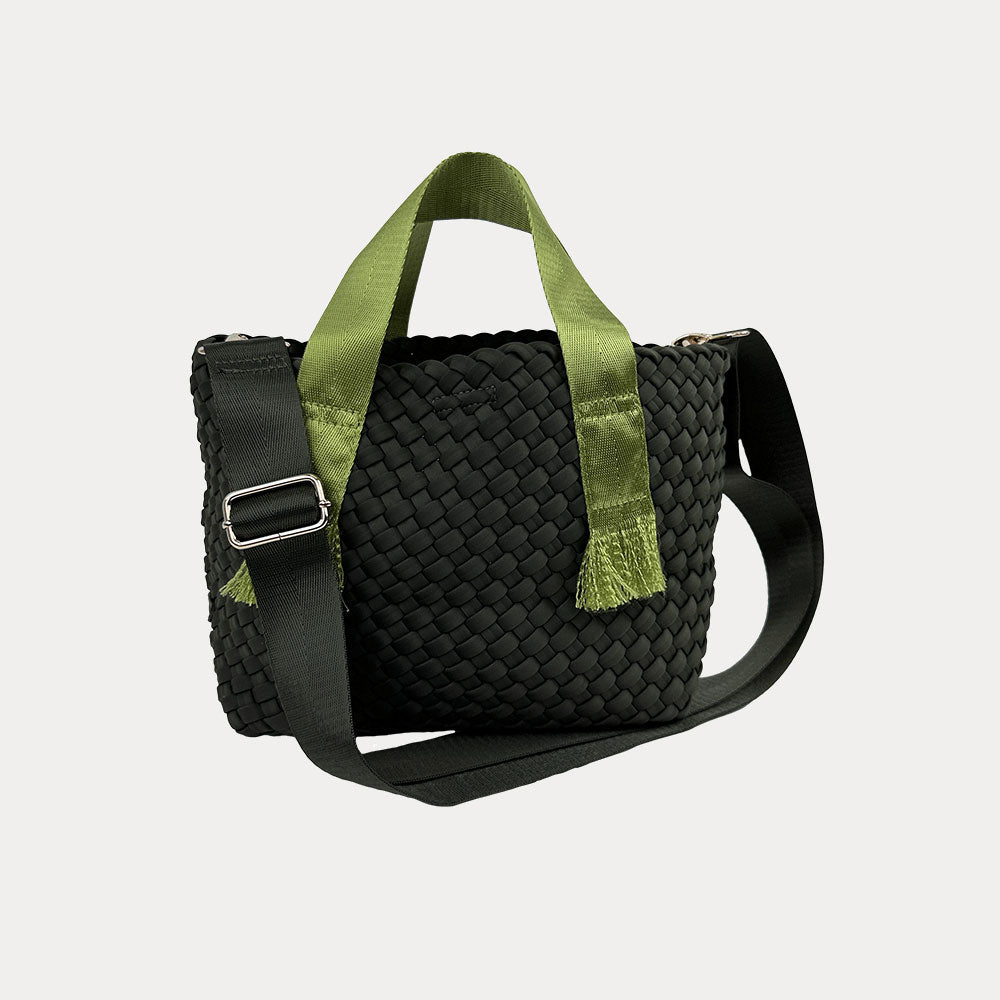 Liberty Woven Neoprene Tote in Army , shown crossbody strap