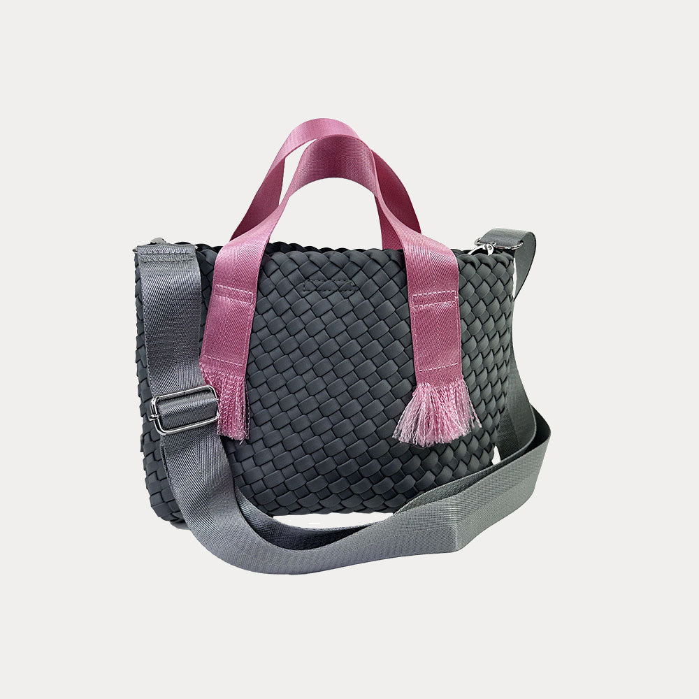 Liberty Woven Neoprene Tote in Grey , shown crossbody strap