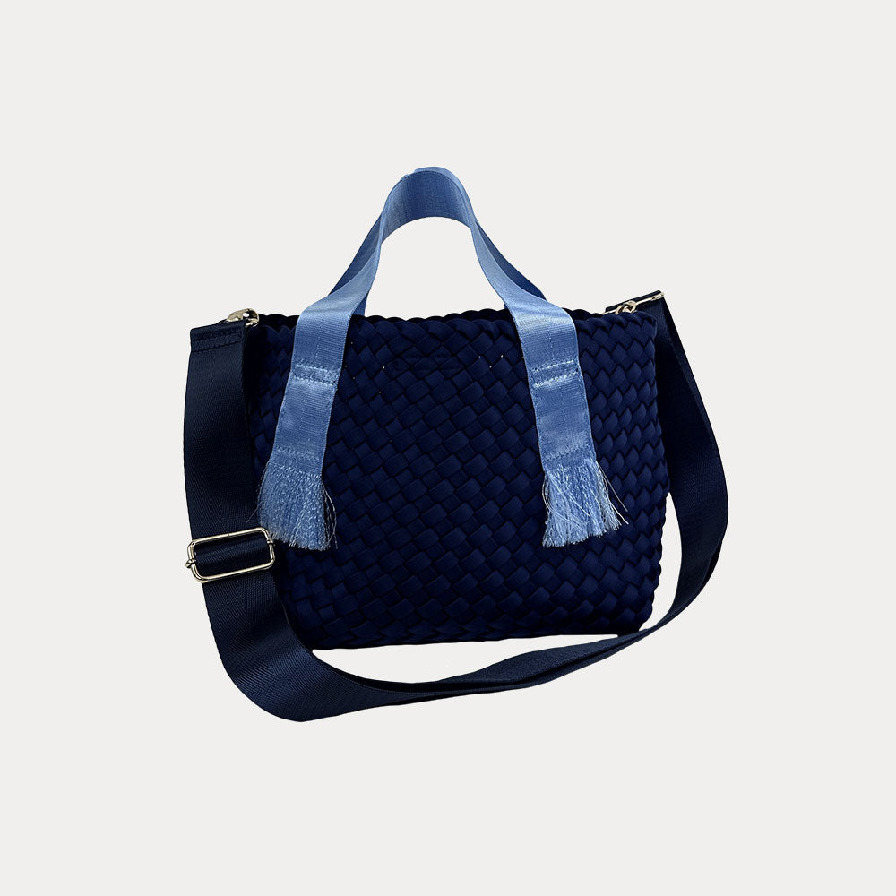 Liberty Woven Neoprene Tote in Navy , shown crossbody strap