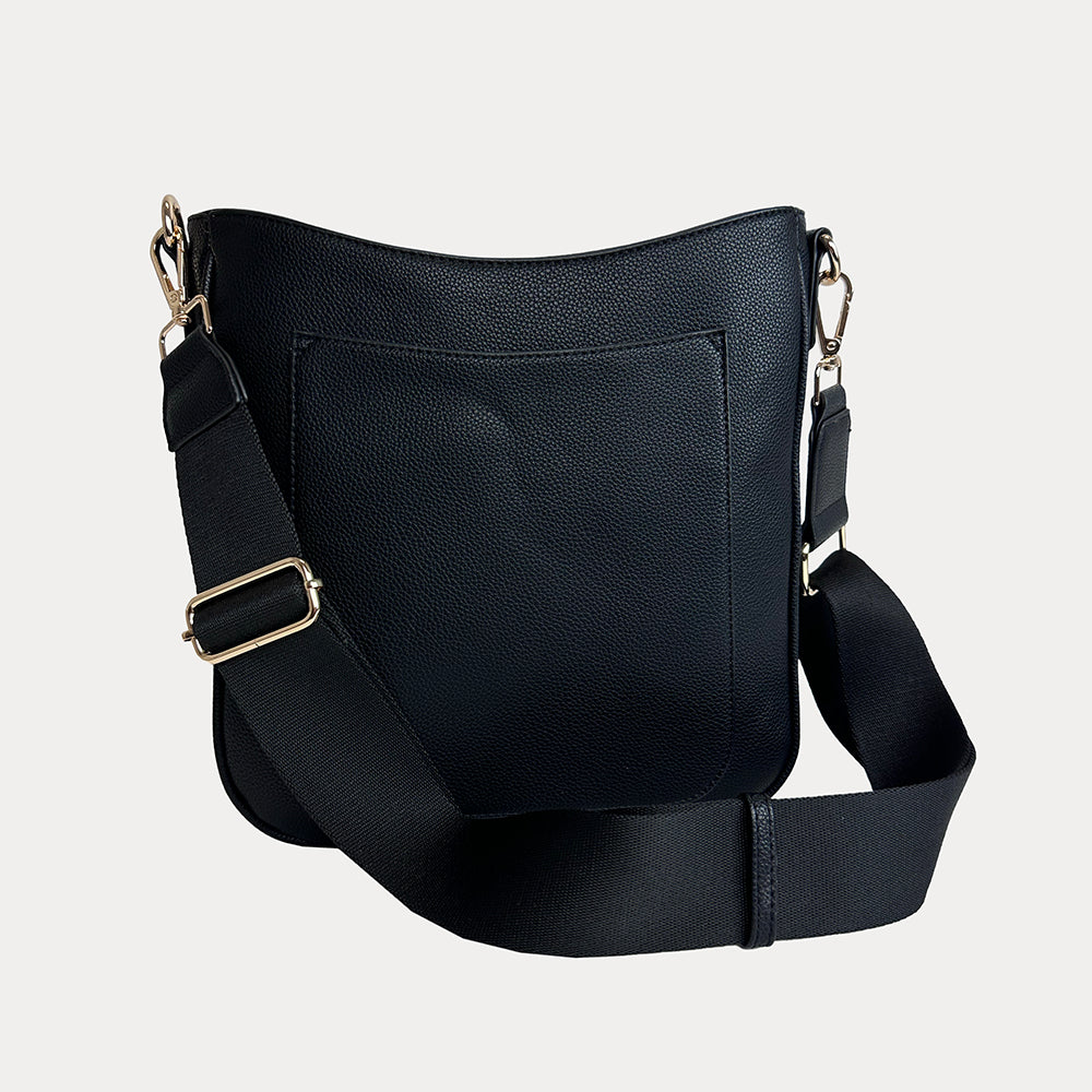 Maxine Vegan Pebble Leather Messenger in Black with matching Bag Strap.