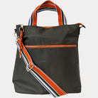 Nicole Nylon tote in Army with contrast striped handles and adjustable bag strap