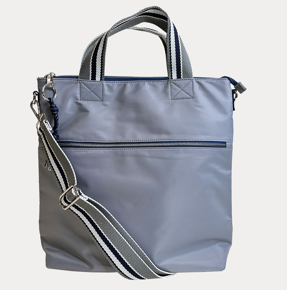 Nicole Nylon tote in Grey with contrast striped handles and adjustable bag strap