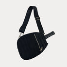 Poppy Quilted Nylon Pickleball Paddle Bag in Black, shown with matching adjustable strap