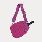 Poppy Quilted Nylon Pickleball Paddle Bag in Pink, shown with matching adjustable strap