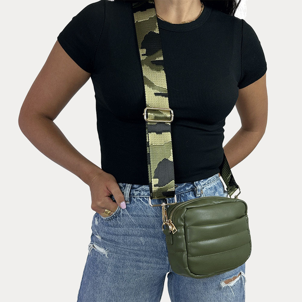 Vegan leather crossbody bag with camo strap sale