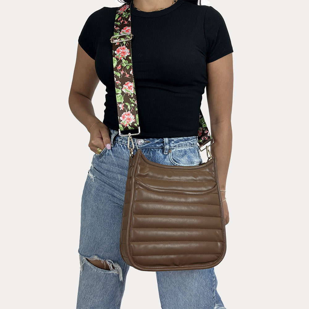 women wearing the Sarah Quilted Vegan Leather Messenger in Mocha with a Floral Patterned Bag Strap